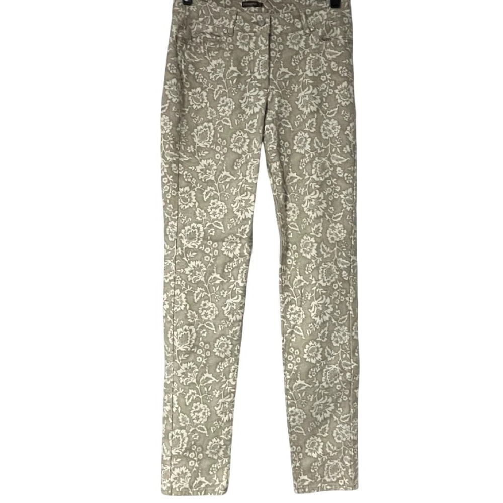 J McLaughlin Women Size 2 Floral Print Slim Leg Low Rise Jeans Pants Beige White